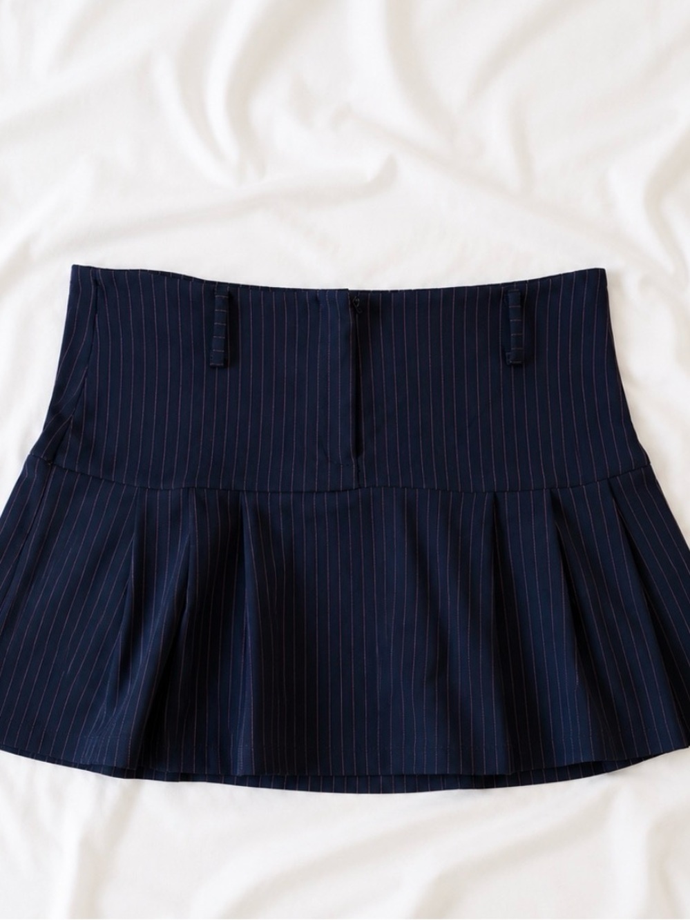 Navy Pinstripe Pleated Mini Skirt